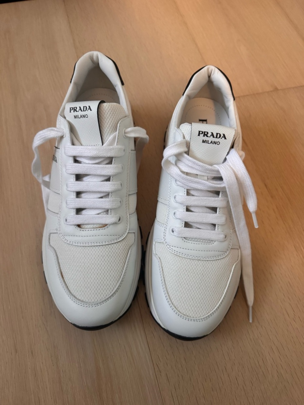 Prada White Leather & Women’s Sneakers with Black Heel Tab